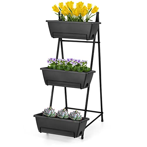 3 Tier Vertical Garden Planter Small Raised Garden Bed Freestanding Plastic Raised Planter Boxes Herb Planter Stand with Removable Tray for Indoor Outdoor Herbs Flowers Vegetables Plants Grey