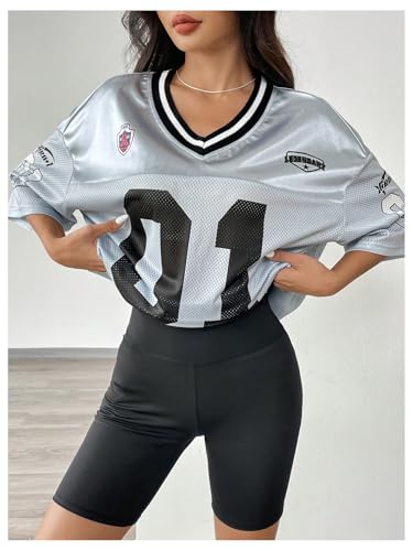 SOLY HUX Jersey Shirts for Women Y2k Graphic Number Oversized Tees V Neck Half Sleeve Cute Soccer Streetwear T Shirt Tops