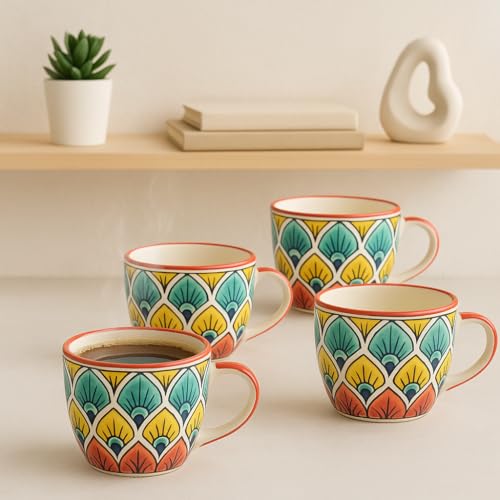 Image of KITTENS Ceramic Mug Set of 4 - 375ml | Hand-Painted Peacock Feather Pattern | Microwave & Dishwasher Safe | Food Grade | Tea, Coffee, Snacks | Ideal Gift for Home, Office & Festive Gifting