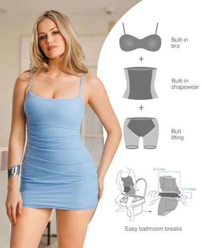 Image of Popilush Dress with Built in Shapewear Spaghetti Strap Mini Dresses Mesh Ruched Bodycon Summer Splash