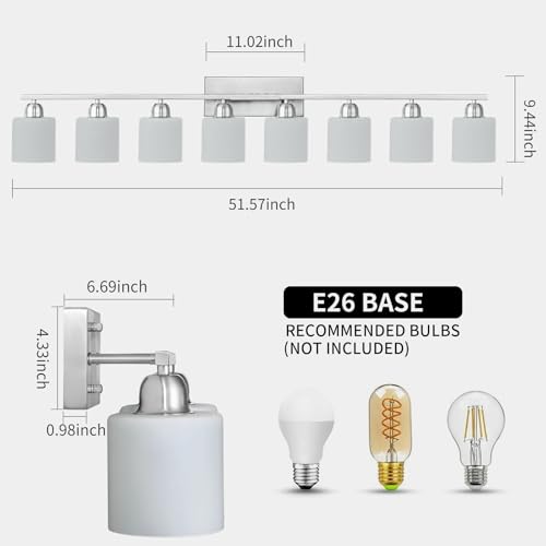 Image of Brushed Nickel Bathrooms Lights for Huge Mirror, 8 Light Anti-Rust Finish with Milky White Frosted Glass Shades, 51 Inch Above Mirror Lights for Bathroom, E26