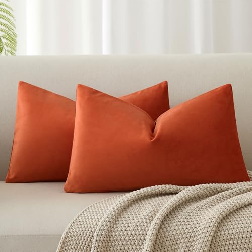 Image of JUSPURBET 12x20 Velvet Lumbar Throw Pillow Covers Set of 2,Burnt Orange | Modern Soft Cushion Covers with Hidden Zipper for Couch Sofa Bed Living Room Bedroom Home Decor