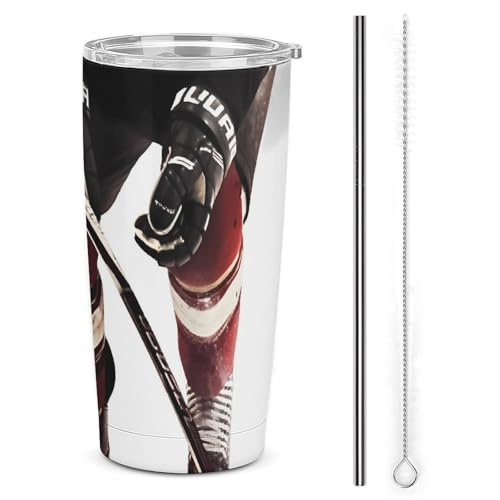 VFMKT Vaso aislado de acero inoxidable de 20 onzas con tapa y pajilla, diseño de hockey sobre hielo, taza de café de viaje para café, té, bebidas