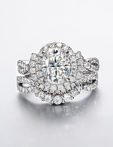 CannyCat Oval Cut Moissanite Cathedral Wedding Ring Sets for Women Infinity 3.15 CTTW Moissanite Bridal Set Platinum-Plated Sterling Silver Engagement Ring Curved Guard Enhancers (size-7)2