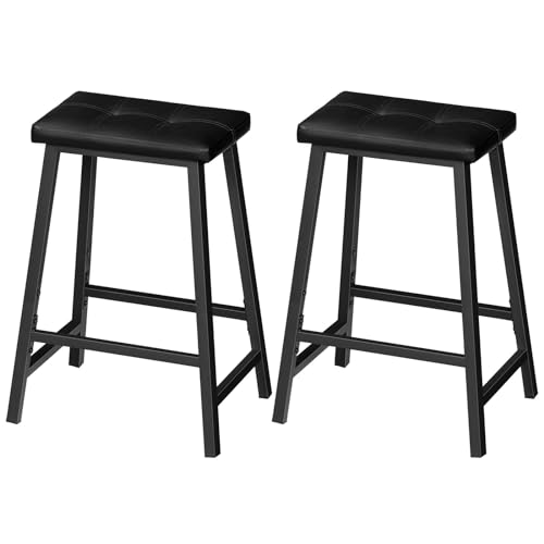 Bar Stools, Set of 2 PU Upholstered BarStools, 23.6-Inches Bar Chairs, Counter Height Bar Stools for Kitchen, Dining Room, Bar, Easy Assembly, Black BAHB04R01