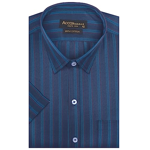 Image of ACCOX Men's Cotton Half Sleeves Dark Striped Regular Fit Formal Shirt for Men