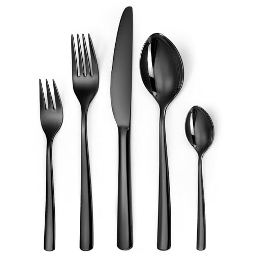 LAZAHOME Besteck set 12 personen，schwarzes besteck，60 teiliges Edelstahl Besteckset mit Messer Gabel Löffel，Spiegelpolieren，Tafelbesteck für...