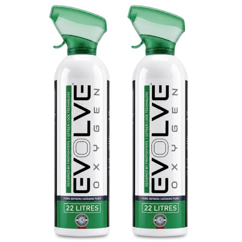 EVOLVE 22-Litre Pure Oxygen Canister with Breathing Cup | Portable Oxygen Can | Ideal for Home Use and Outdoor Activities | Designed by Firefighters | Made in Britain | Pack of 2