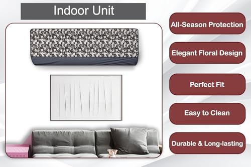 Image of The Furnishing Tree Split AC cover for indoor and outdoor unit of 2 ton waterproof and dustproof Grey and White Floral pattern