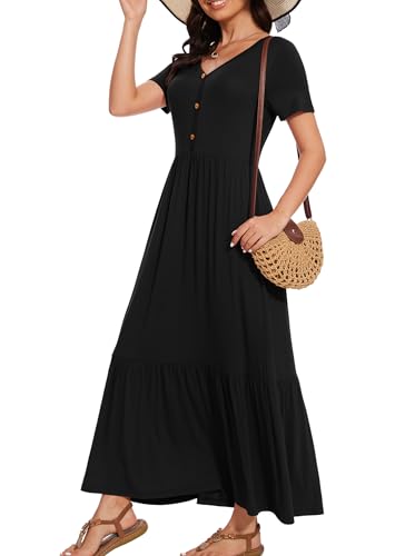 Image of VIISHOW Women's Short Sleeve Maxi Dress 2026 Summer V Neck Knit Loose Plain Empire Waist Casual Dresses with Pockets