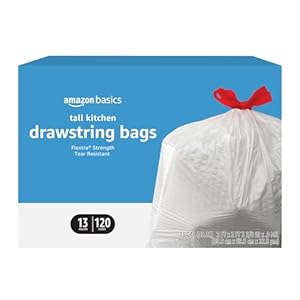 Amazon Basics Flextra Tall Kitchen Drawstring Trash Bags, Unscented, 13 Gallon, 120 Count