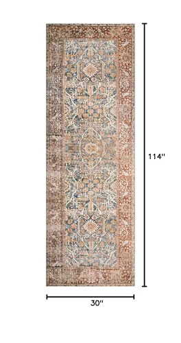 Loloi Layla Collection LAY-04 Ocean/Rust 2'-6" x 9'-6" .13" Thick Runner Rug, Soft, Durable, Vintage Inspired, Distressed, Low Pile, Non-Shedding, Easy Clean, Printed, Living Room Rug