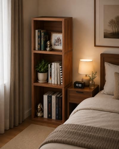 Image of 3 Cube Storage Organizer Wooden Bookshelf, 3 Cube Shelf Bookcase, Small Bookshelf Storage Organizer, 3 Cube Storage Shelf for Bedroom, Small Bookshelf for Living Room and Office (Brown, 3)