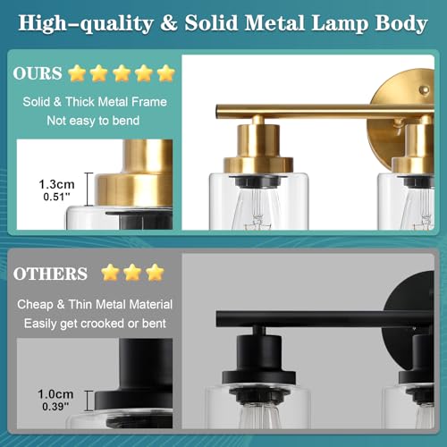 Image of Unicozin Modern Bathroom Light Fixtures, 3 Light Vanity Lights, Gold Wall Lamp with Clear Glass for Bathroom, Mirror, Living Room, Bedroom, Hallway, E26 Base