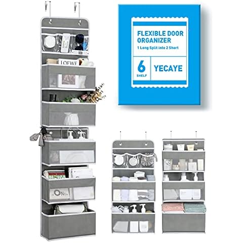 6-Shelf Over the Door Organizer, Flexible 1 Split into 2 Hanging Storage Door Organizer, Swing-proof Behind Door Organizers and Storage for Baby Nursery Bathroom Dorm Closet Pantry Camper RV, Grey Cover