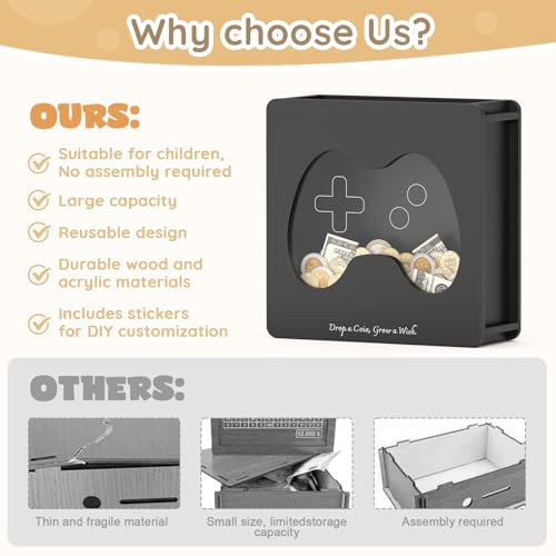 Image of Summidate Wooden Money Saving Box, Clear Window Cash Vault Savings Box with DIY Stickers, No-Assembly Handle Piggy Bank for Kids & Adults, Personalized Birthday /Baby Shower /Wedding Gift