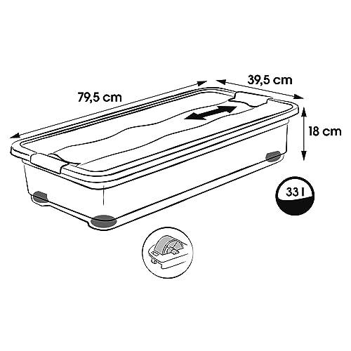 keeeper Aufbewahrungsbox mit Rollen, Deckel und Schiebeverschluss, 79,5 x 39,5 x 18 cm, 33 l, Konrad, Transparent