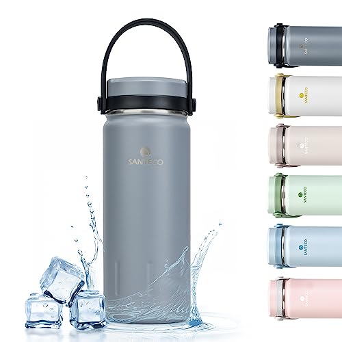 Santeco 13oz Stainless Steel Water Bottle with handle - Insulated Double Wall,Stylish water bottle,Wide Mouth, Ergonomic design,Leak-Proof Reusable Bottle for Hydration On-the-Go-Sliver Blue