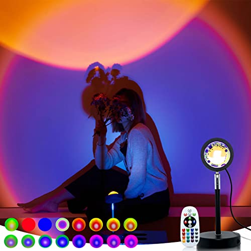 Mydethun 16 Colors Sunset Lamp Projector - 360 Degree Rotation, Remote Control, Romantic LED Lights Floor Lamp for Bedroom, Photography, Home, Mood, Christmas Decor & Office