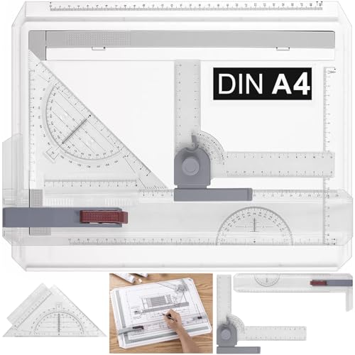 Zeichenplatte A4 Zeichenbrett Multifunktions Zeichentisch mit Parallel-Zeichenschiene Doppelnutführung Einstellbar Winkel Schnellzeichendreieck für Professionell Office Studenten Studium,A4