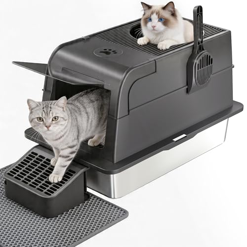 Caja de arena para gatos de acero inoxidable con doble puerta y pedal de filtro 2
