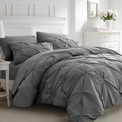 Lanqinglv Pintuck Bettwäsche 135x200 cm Dunkelgrau Luxus Plisseefalten Wendebettwäsche Set aus Mikrofaser,1 Bettbezug mit Reißverschluss und 1 Kissenbezug 80x80cm