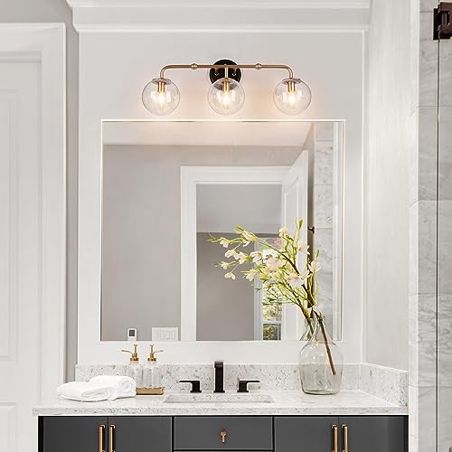 Image of classy leaves Black Gold Bathroom Light Fixtures, 3-Light Vanity Lights for Bathroom with Seeded Glass Globes, Modern Bathroom Vanity Light Fixtures Over Mirror