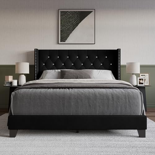 HOME DESIGN Monroe Twin Tufted Upholstered Wingback Panel Bed, Velvet Upholstery, Headboard, Footboard, Side Rails, Black