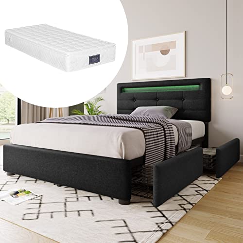 Banemi Cama 90X200, Cama con Cama Led Lino Negro con Iluminación LED y 2 Cajones Cabecero Altura Ajustable Incluye Colchón