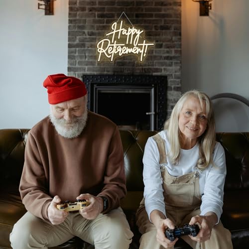 Image of LooKLight Happy Retirement Neon Sign Dimmable Neon Signs For Wall Decor Led Lights For Birthday Party Room Bedroom Decoration Celebrating Retirement Gifts USB Powered 16.54x12.09in