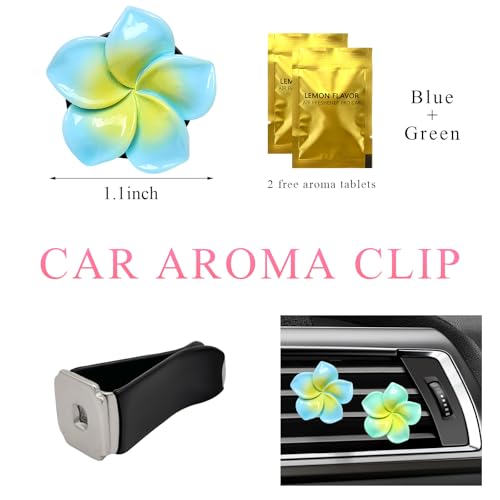 Image of 2PCS Flower Car Air Vent Clips, Colorful Tropical Flower Air Freshener Vent Clips with Aromatic Pad, Air Conditioning Outlet Clip Plumeria Flower Decoration (Blue+Green)