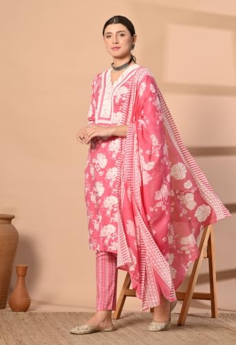 Image of Women's Cotton Stitched Straight Salwar Suit Set | Printed Cotton Dupatta, Embroidered Round Neck Ethnic Kurta, with Pant