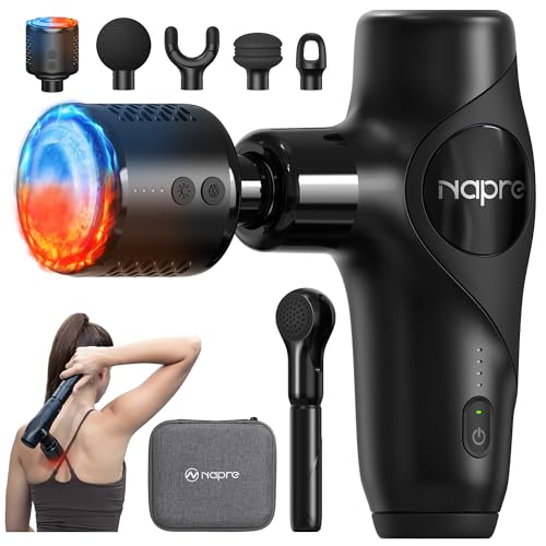 NAPRE 3-in-1 Mini Massage Gun with Heat and Cold,Deep Tissue Back Massage with Detachable Handle for Neck/Body Pain Relief,Portable Handheld Percussion Muscle Massager,Small & Quiet,5 Heads,with Case