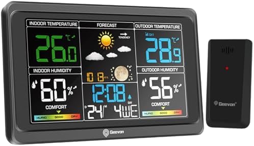 Geevon Weather Station Wireless Indoor Outdoor Thermometer, Color Display Digital Weather Thermometer with Barometer, USB Charging Port and Adjustable Backlight (Weather Station with 1 Sensor)