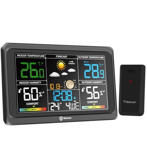Geevon Thermomètre intérieur intérieur sans fil, Thermomètre numérique à affichage couleur avec baromètre, USB Port de recharge et rétroéclairage réglable (Station météorologique avec 1 Capteur)