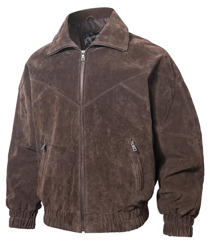 Image of FLAVOR Mens Suede Leather Bomber Jacket Classic Casual Fall Winter Coat
