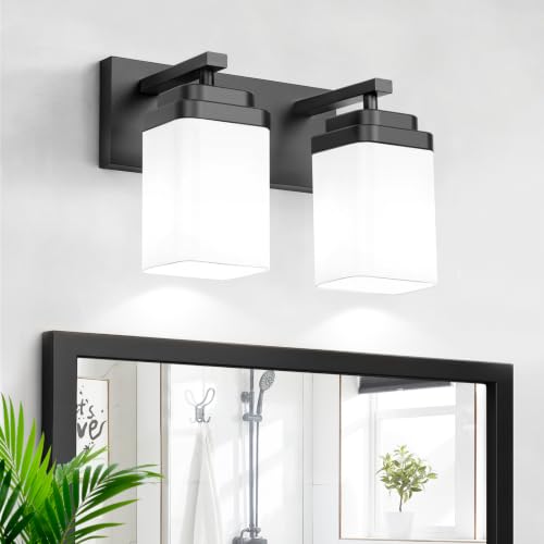 Image of Matte Black Bathroom Light Fixtures, 2 Lights Bathroom Lighting Fixtures Over Mirror, Square Design & Rectangle Large Backplate, Modern Vanity Lighting Fixtures, for Living Room /Bedroom