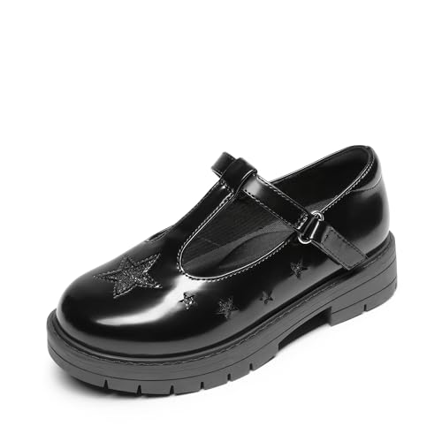 DREAM PAIRS Girls Mary Jane Dress Shoes Chunky Platform School Uniform Shoes T-Strap Oxfords Loafers Star Flats 10 Toddler Black-pu