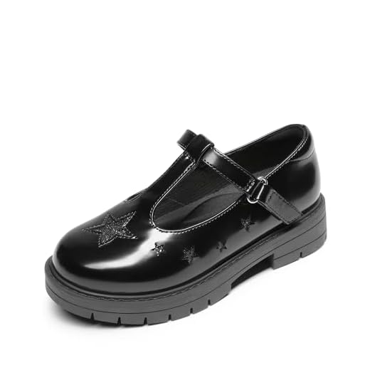 DREAM PAIRS Girls Mary Jane Chunky Platform T-Strap Oxfords Loafers Star Dress Shoes,Size 4 Big Kid,Black-PU,SDFL2421K