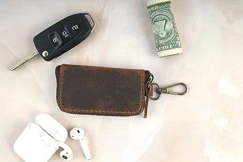 Image of Handmade Full Grain Leather Car Key Holder & Zippered Coin Purse | Belt Loop Key Chain, Compact Earphone Holder, Multi-Functional Money Purse, Elegant Leather Accessory, Versatile Key Organizer