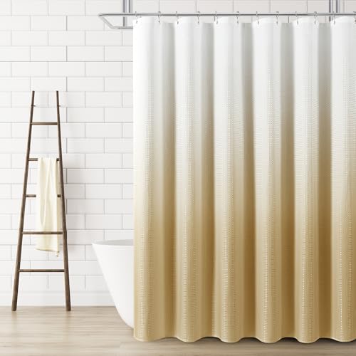 Textured Fabric Bath Curtain Set, Polyester Ombre Shower Curtains for Bathroom, Water Repellent Shower Curtain with 12 Hooks,Machine Washable (72 x 72 inch, Gold Yellow)