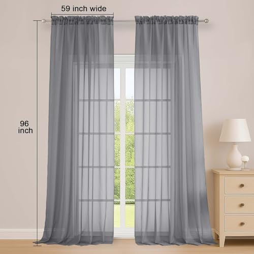 Image of OWENIE Extra Long Grey Sheer Curtains 96 Inches Long 2 Panels Set, Soft Lightweight Airy Voile Sheer Curtain for Bedroom Living Room, Rod Pocket Solid Color Farmhouse Curtains, 59 inch Wx96 L Inch