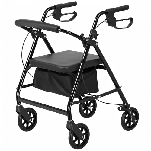 Oppsbuy Rollator Walker, Lightweight 4-Wheel Foldable Mobility Aid with Brakes and Seat Basket, Large 6-inch Wheels, Adjustable Height Rolling Walker Compact Mobility Device Supports up to 136kg, Black