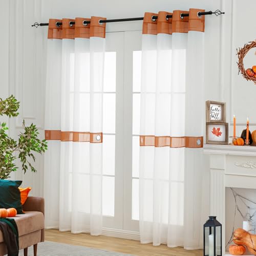 L.Z.E Burnt Orange and White Sheer Curtain 96 Inches Long 2 Panels Set,Transparent Elegant Window Curtains for Living Room Bedroom with Tiebacks Grommet Top Curtains & Drapes by L.Z.E - Used condition - Image 7
