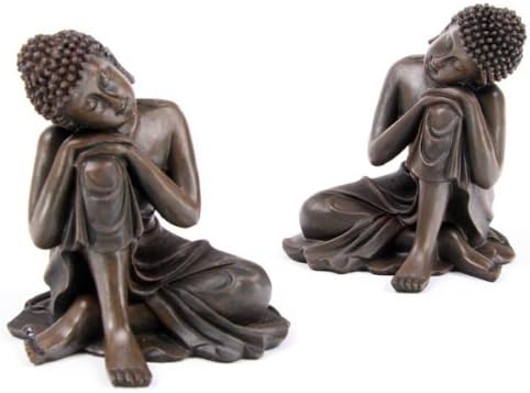 Set Of 2 Wood Effect Brown Resting Thai Buddha Figurines Ornaments