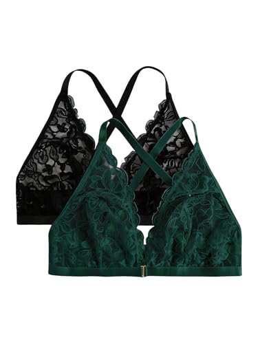 Image of MakeMeChic Women's Plus Size Lace Bralette Front Closure Bras Wireless Deep V Triangle Sexy Lace Bra