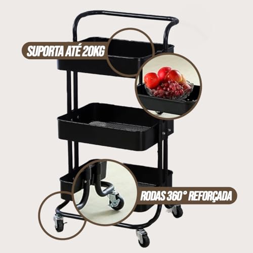 Carrinho Organizador Multiuso, 3 Prateleiras, Metal, para Cozinha, Sala de Jantar, Quarto, Banheiro,