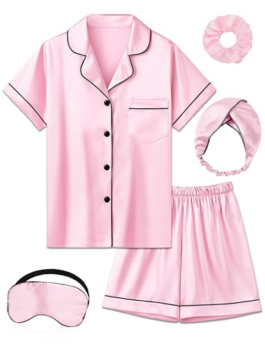 ALHAVONE Kids Girl Pajama Set with Headband Blindfold Hair Tie Toddler Boy Girl Satin Silky Button-up Pajama Sleepwear (Pink-short, 140)