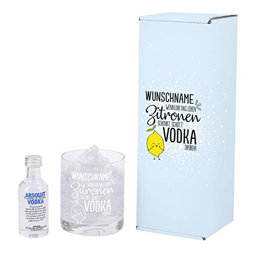 Herz & Heim® Absolut Vodka Geschenk-Set - Wenn Dir das Leben Zitronen schenkt, schütt Vodka drüber - mit Mini Vodka und gravierten Glas