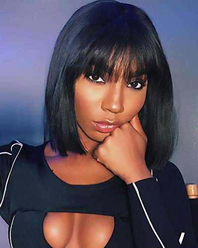Short Bob Wigs With Air Bangs Shoulder Length Women's Short Bob Wig Synthetic Cosplay Bob Wig Black Bob Wig For Girl Costume Wigs Black Color(Black)